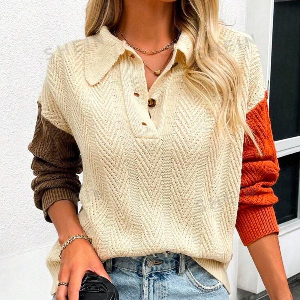 SHEIN Half Button Collared Color-Block Textured Knit Pulloverer Sweaterter
